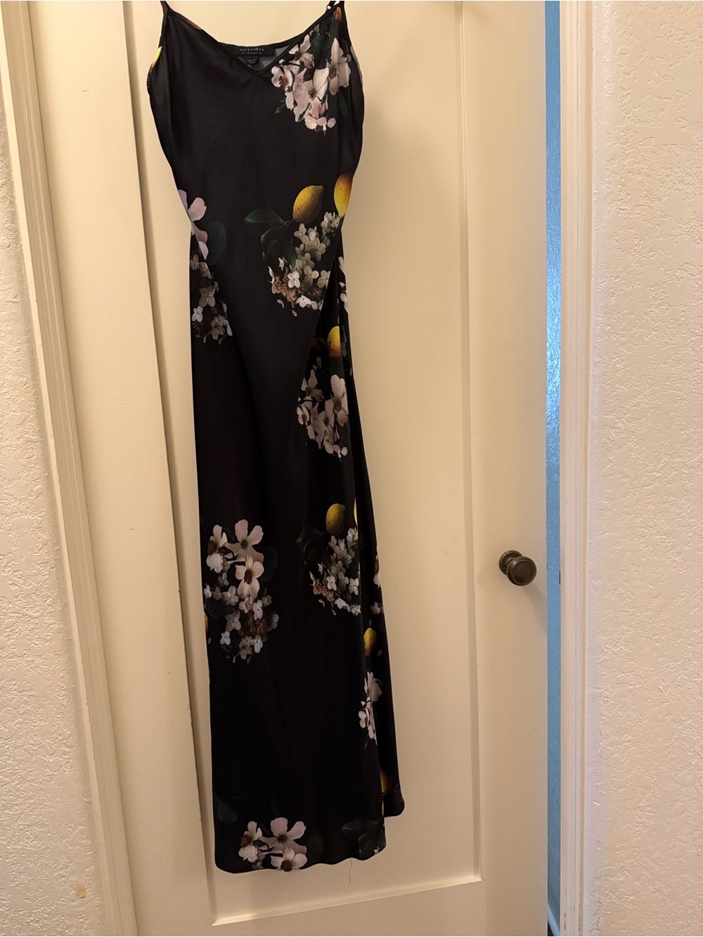 AllSaints Black Slip Maxi Dress with Lemon & White Floral Print - Picture 3 of 3